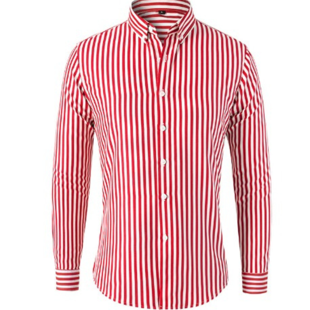 Red and white striped long-sleeve shirt with button-down collar detail