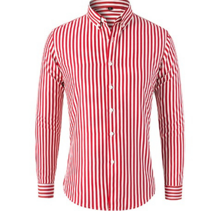 Red and white striped long-sleeve shirt with button-down collar detail