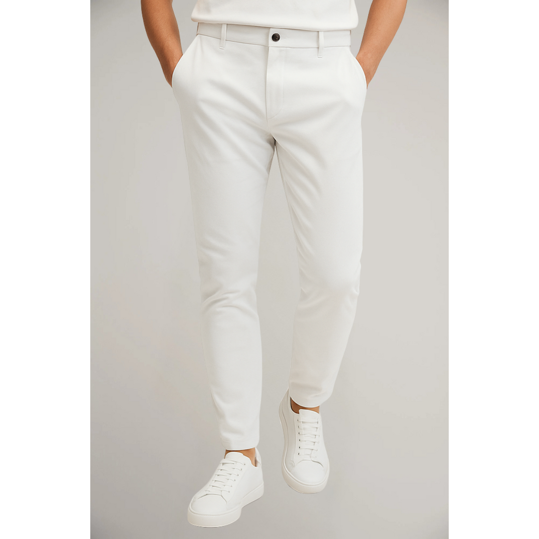 Off-white tailored slim leg trousers with tapered fit and white trainers