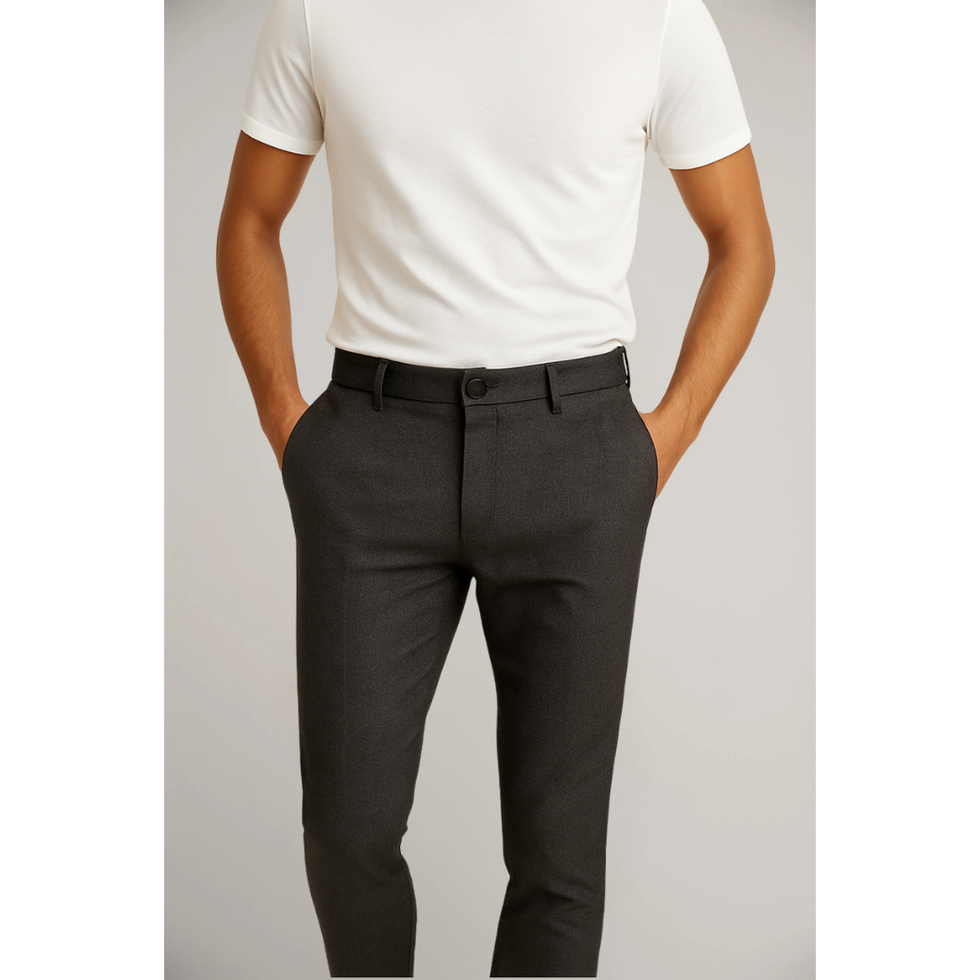 Charcoal grey tailored slim leg trousers with tapered fit and belt loops