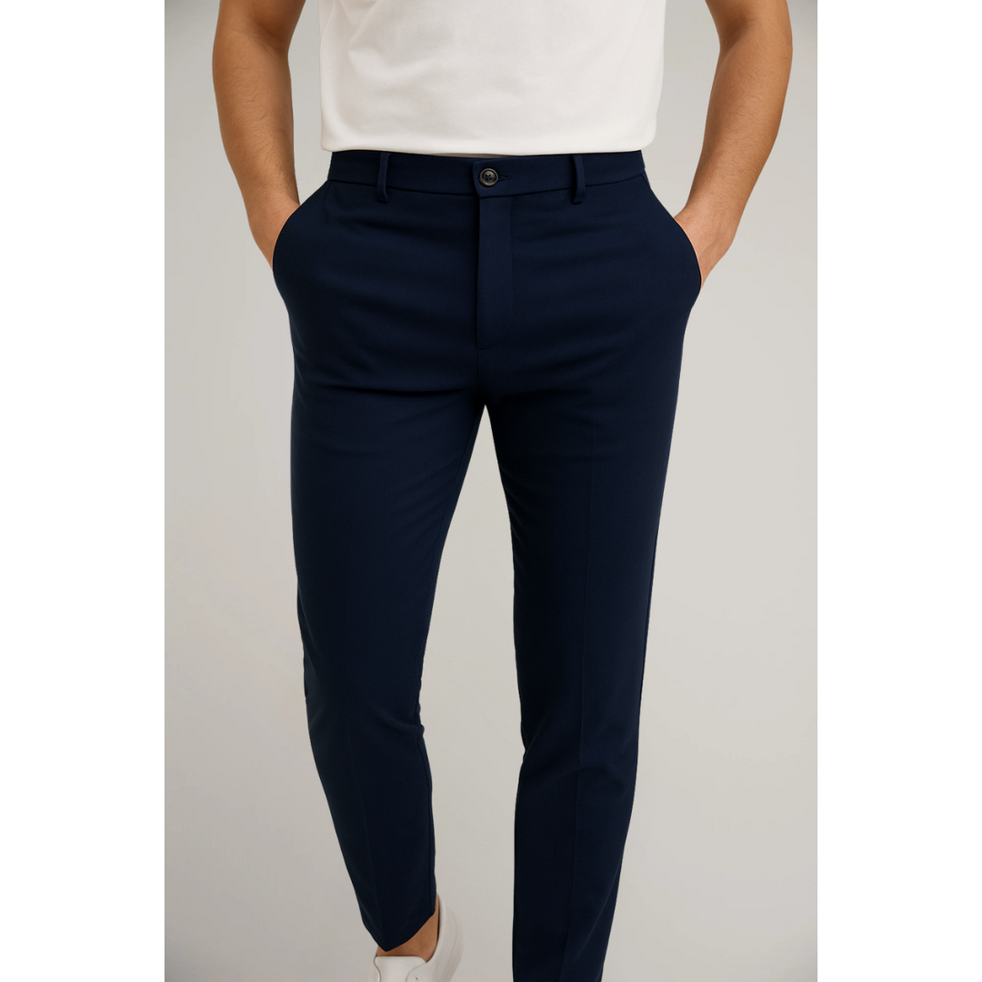 Navy tailored slim leg trousers with front pockets and button fastening