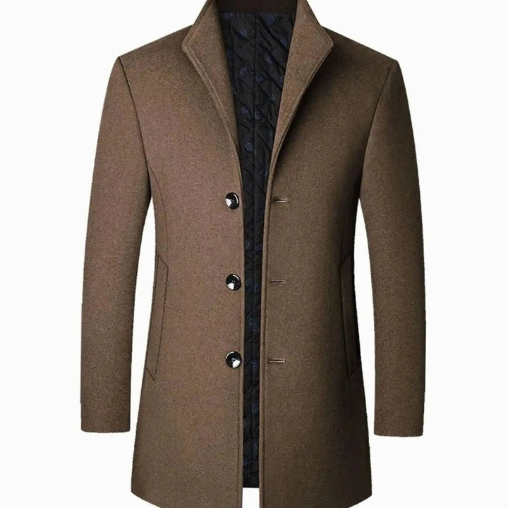 Camel wool-blend overcoat with stand collar and quilted lining, buttoned front