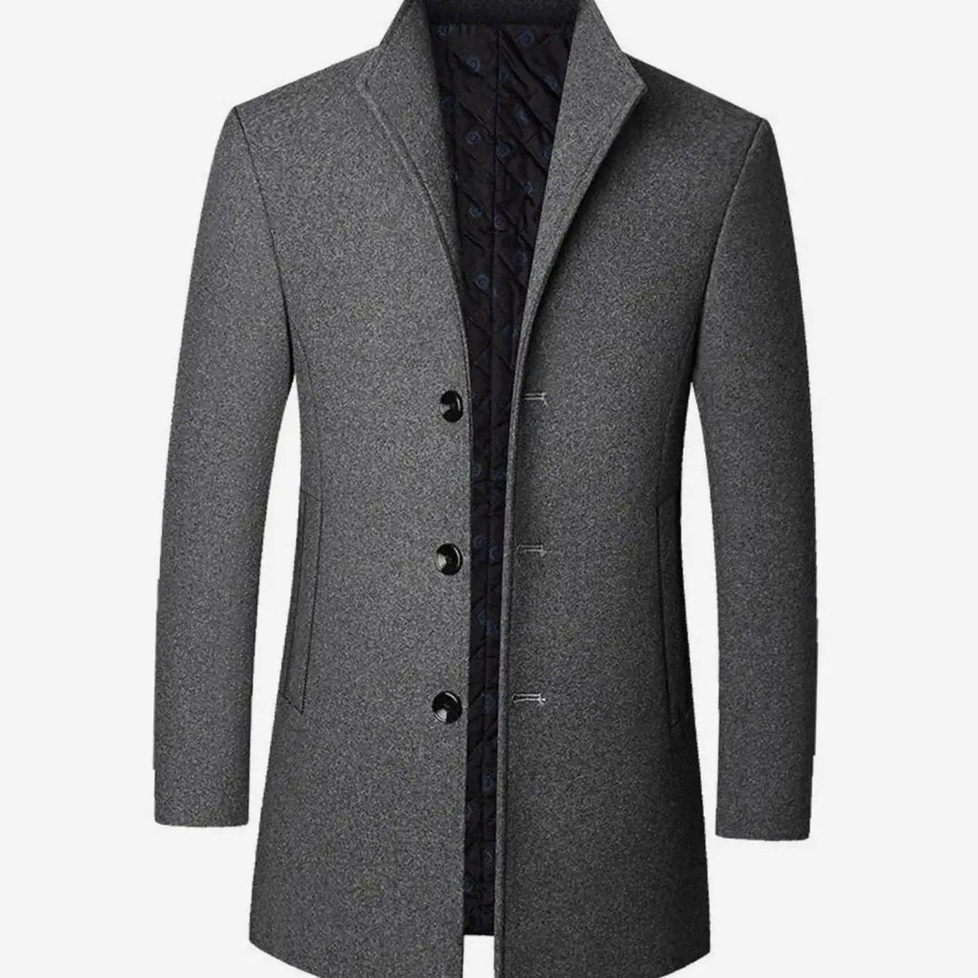 Grey tailored longline overcoat featuring stand collar and single-breasted buttons