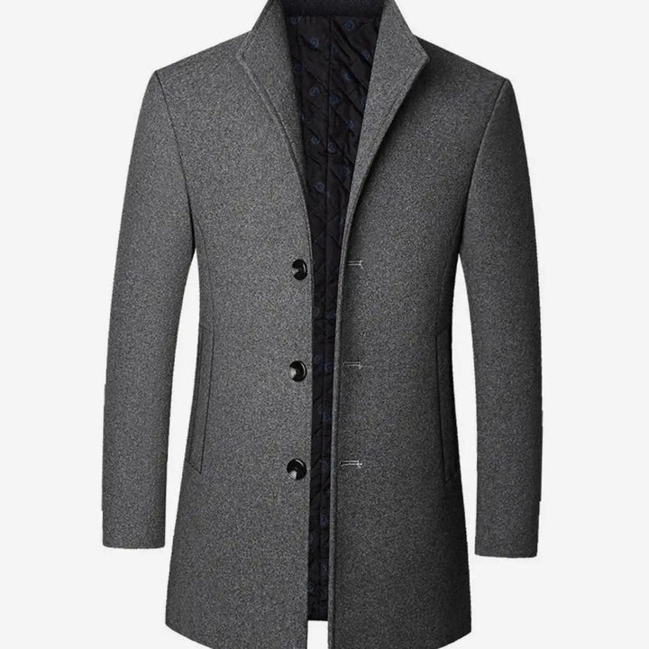 Grey tailored longline overcoat featuring stand collar and single-breasted buttons