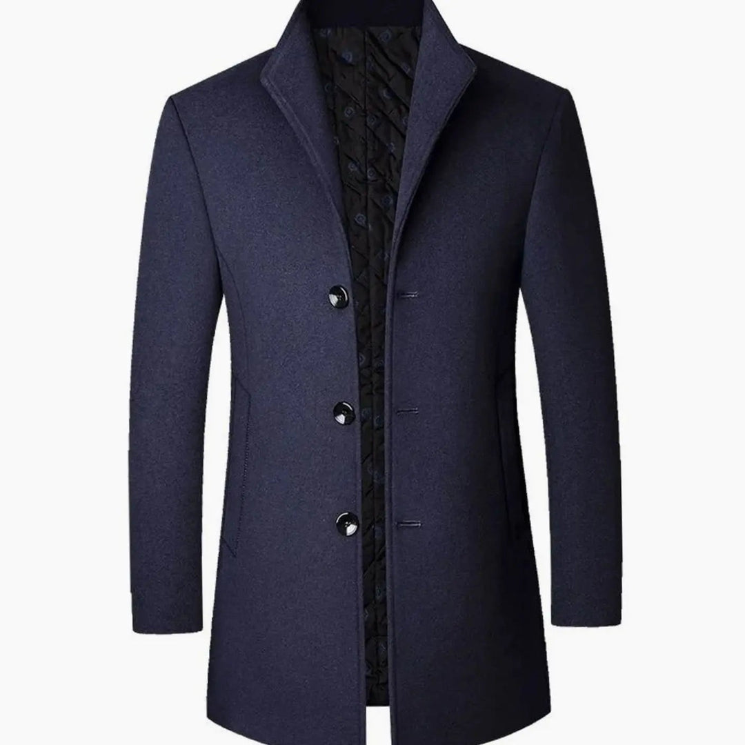 Navy button-front overcoat with stand-up collar and slim tailored fit