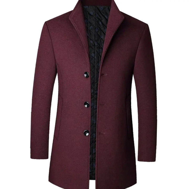 Burgundy wool overcoat with stand collar, single-breasted buttons and slim cut