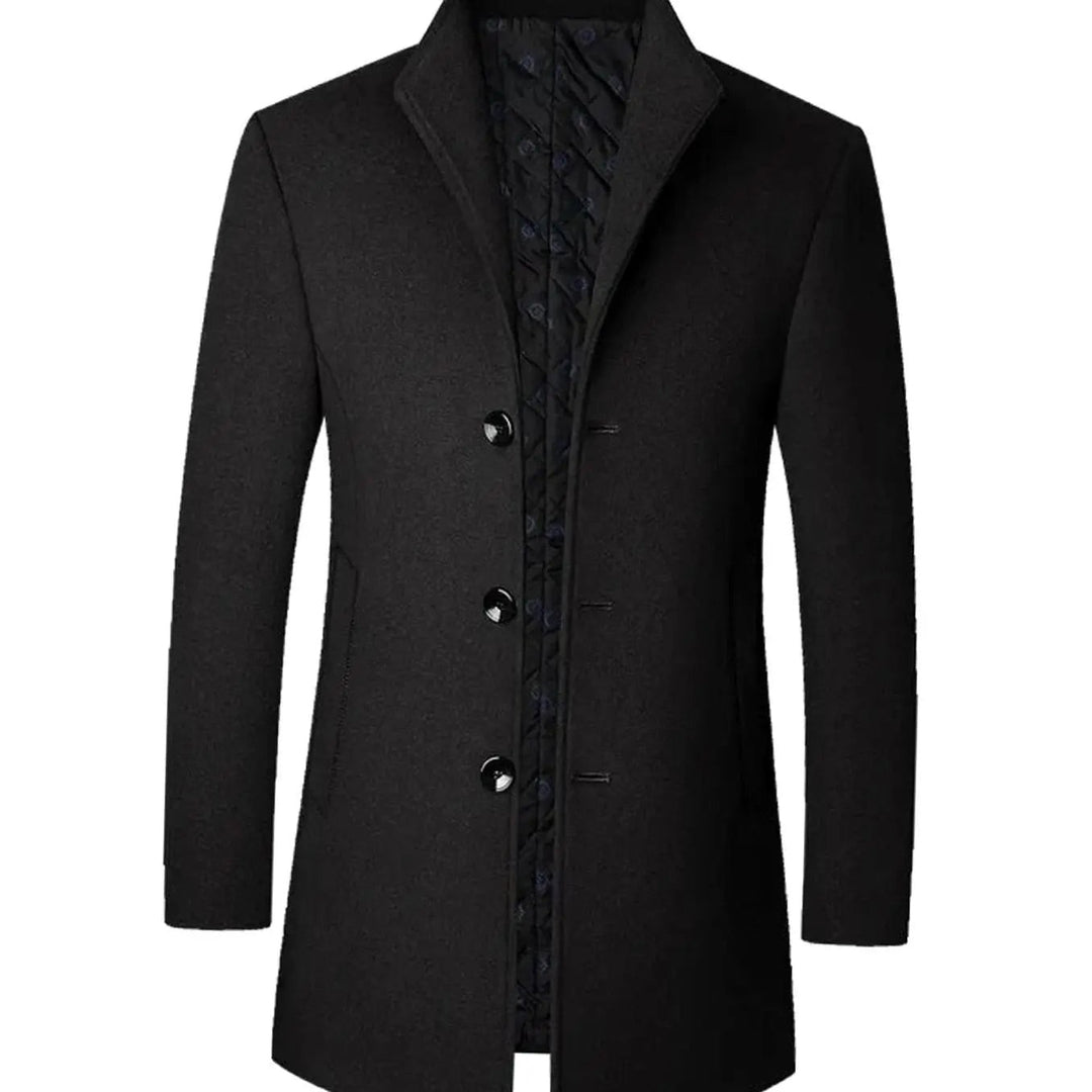 Black tailored overcoat with stand collar, quilted inner lining and button fastening