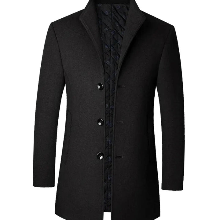 Black tailored overcoat with stand collar, quilted inner lining and button fastening