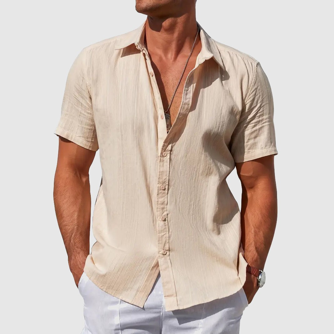 Beige striped-texture linen shirt with short sleeves and button front