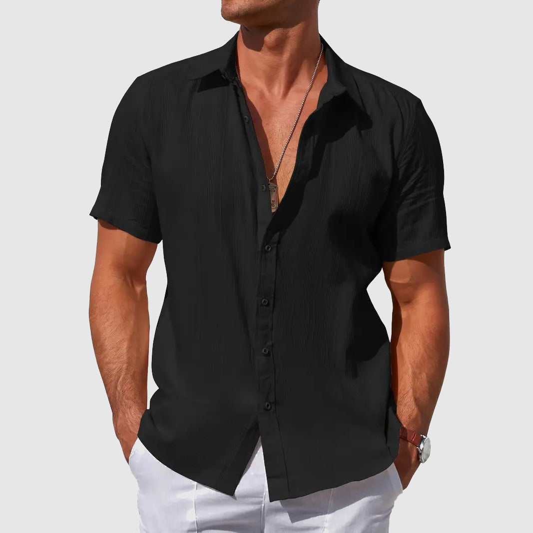 Black textured linen shirt, short sleeves, buttoned casually for men