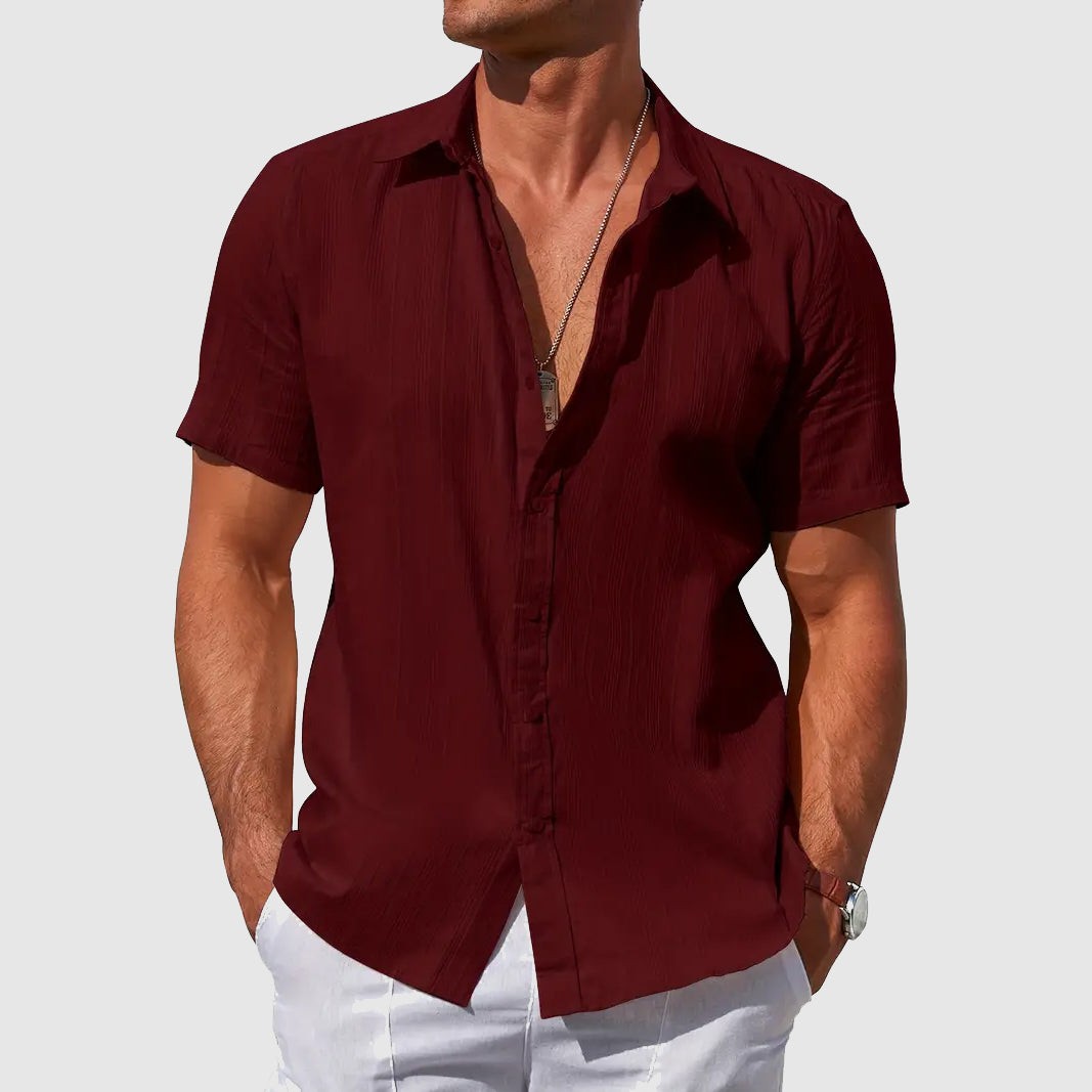 Burgundy textured linen shirt with short sleeves, buttoned casually