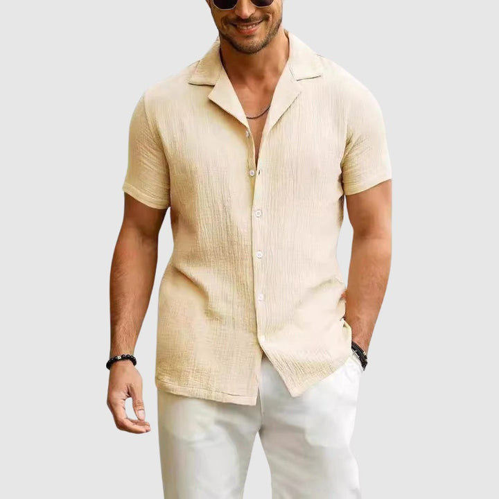 Beige textured linen shirt with short sleeves and open collar