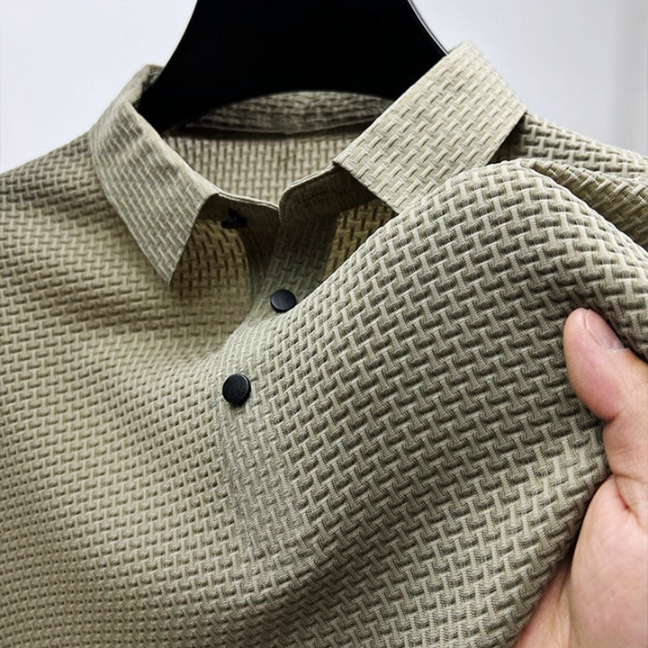 Khaki men's polo shirt with basketweave texture and pointed collar detail