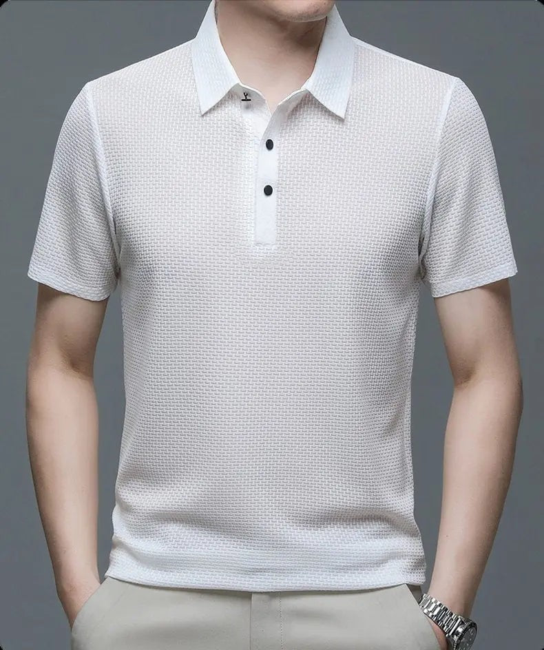 White textured knit polo shirt with structured collar and short sleeves