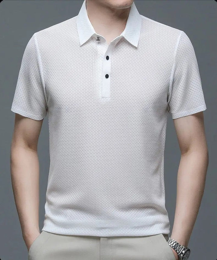 White textured knit polo shirt with structured collar and short sleeves