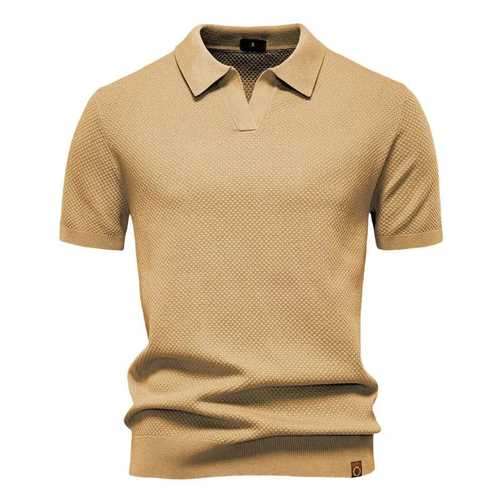 Camel textured polo shirt with buttonless V-neck and knit texture