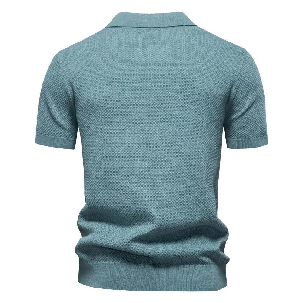 Rear view of duck egg blue textured polo shirt with collar detail