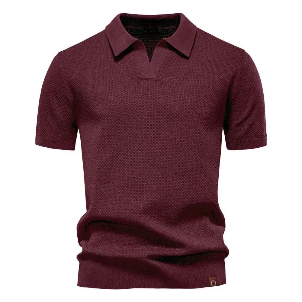 Burgundy textured polo shirt with buttonless V-neck and ribbed cuffs