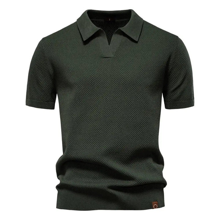 Dark olive green knitted polo shirt with short sleeves and collar