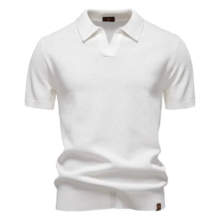 White textured polo shirt with buttonless V-neck and ribbed hem