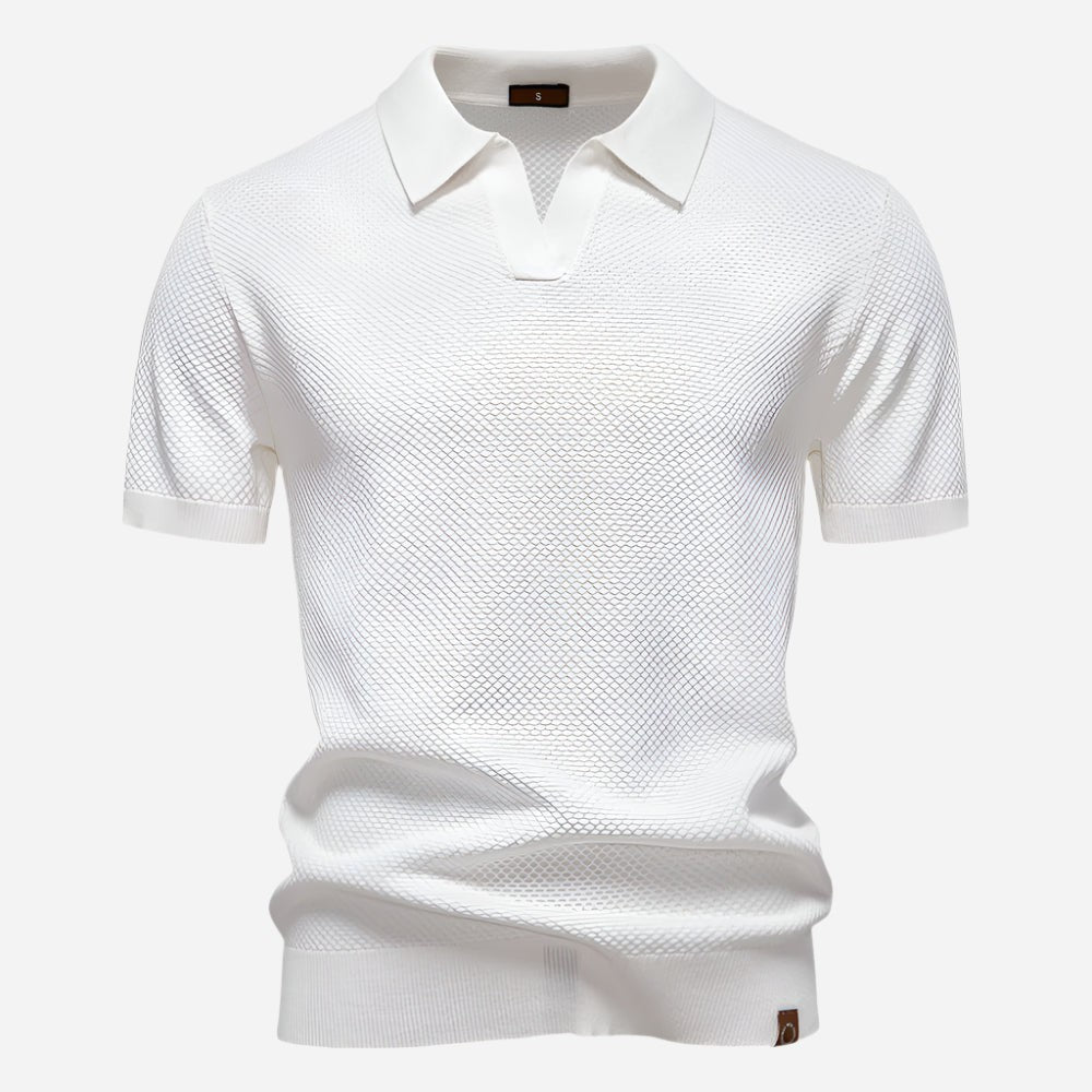 White textured knit polo shirt with open collar and short sleeves