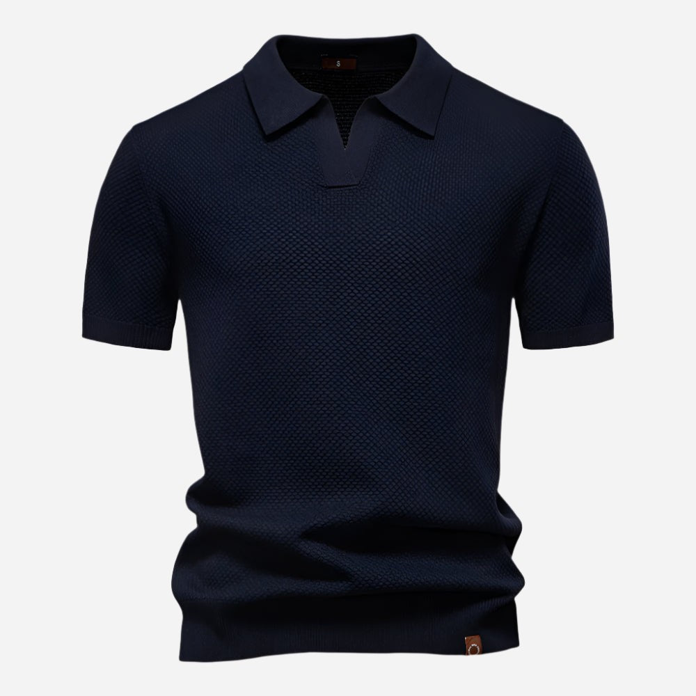 Navy knitted polo shirt featuring open V-neck collar design