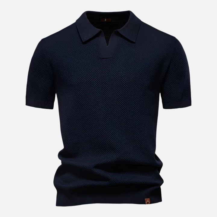 Navy knitted polo shirt featuring open V-neck collar design