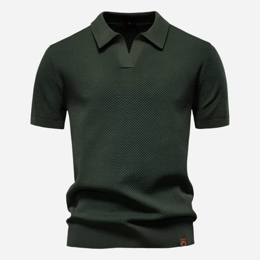 Dark green knitted polo shirt with subtle diamond texture pattern
