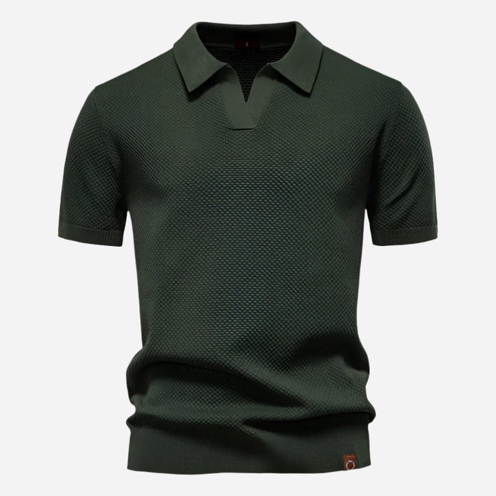 Dark green knitted polo shirt with subtle diamond texture pattern