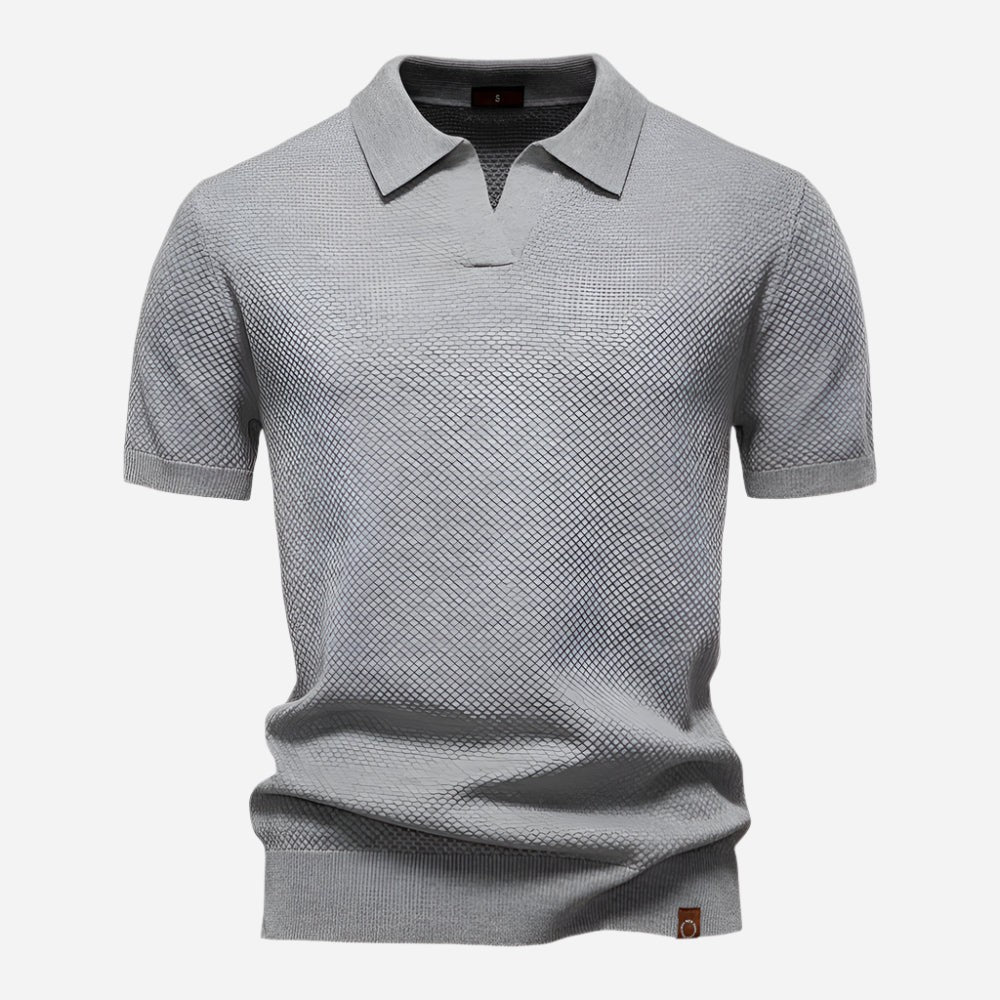 Grey marl knit polo shirt with open collar and short sleeves