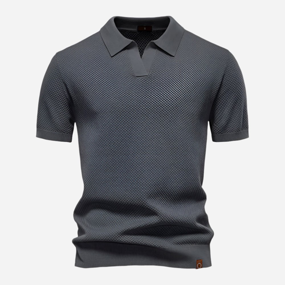 Charcoal grey knit polo shirt featuring open collarless V-neck