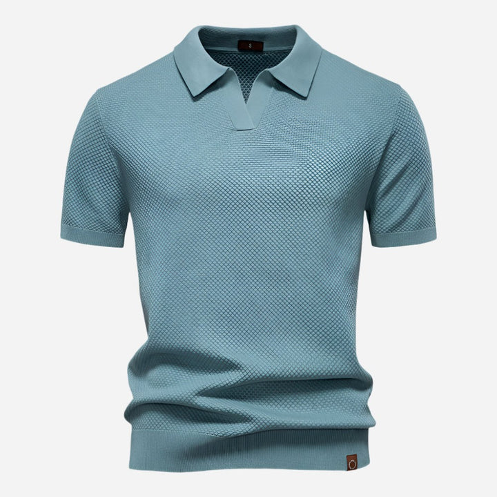 Duck egg blue textured knit polo shirt with short sleeves