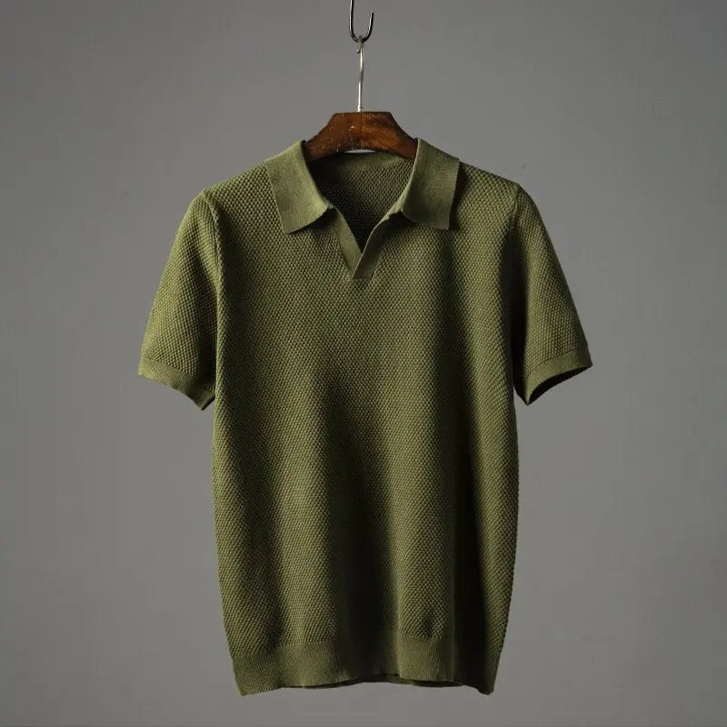 Khaki green textured knit polo shirt with open collar and short sleeves