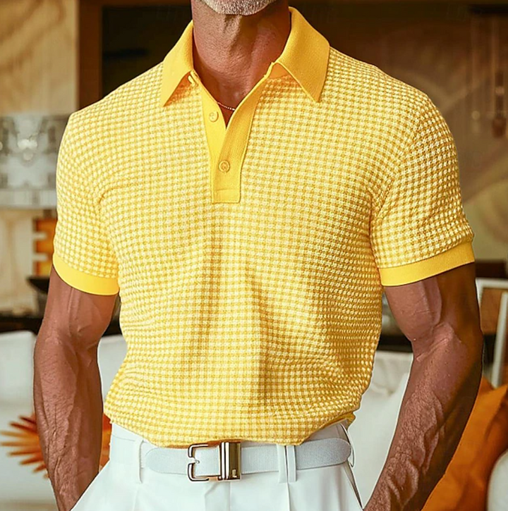 Men's yellow waffle-textured polo shirt with contrast collar and short sleeves
