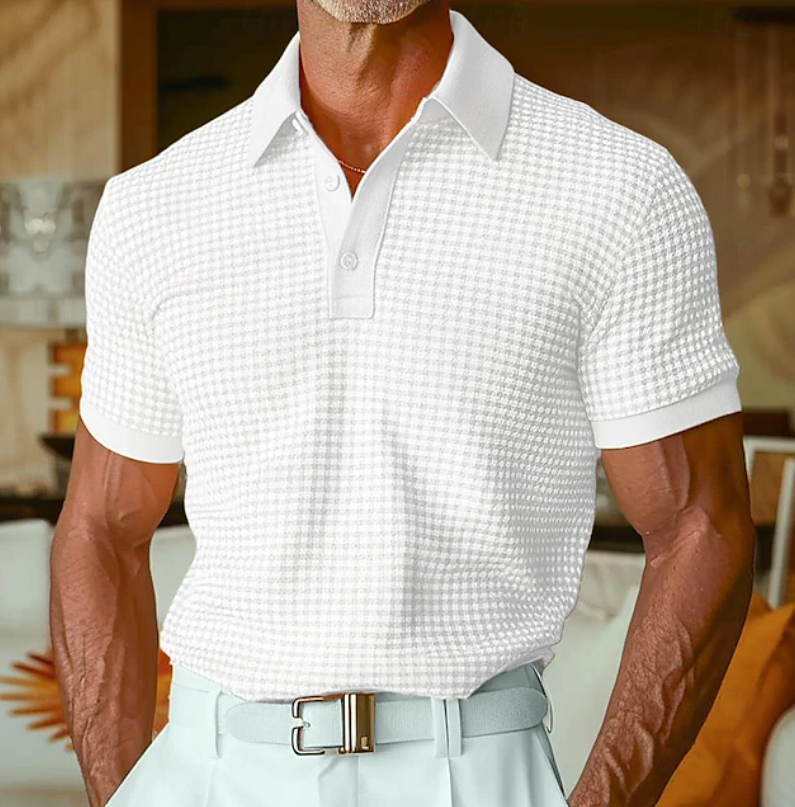 White waffle-knit polo shirt featuring subtle checked texture and short sleeves
