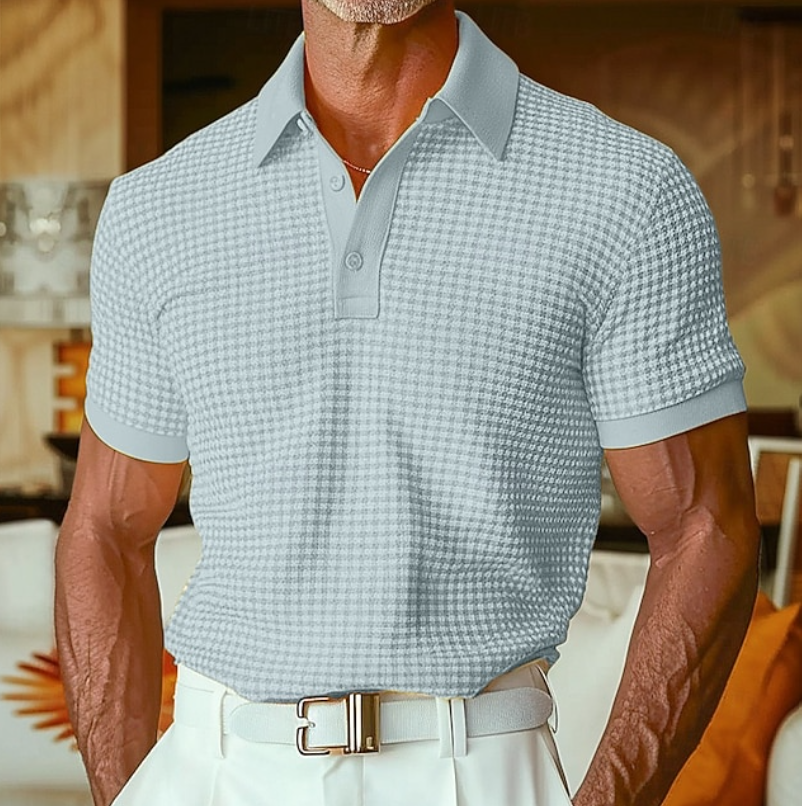 Light grey waffle-knit polo shirt with classic collar and short sleeves