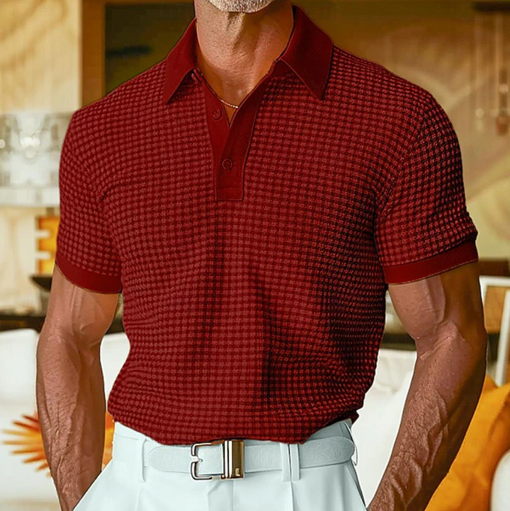 Burgundy textured waffle polo shirt with contrast collar and buttoned placket