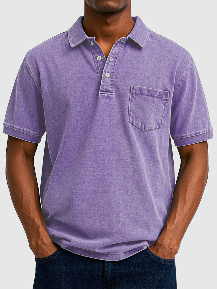 Lilac purple washed denim polo shirt with classic collar and pocket detail