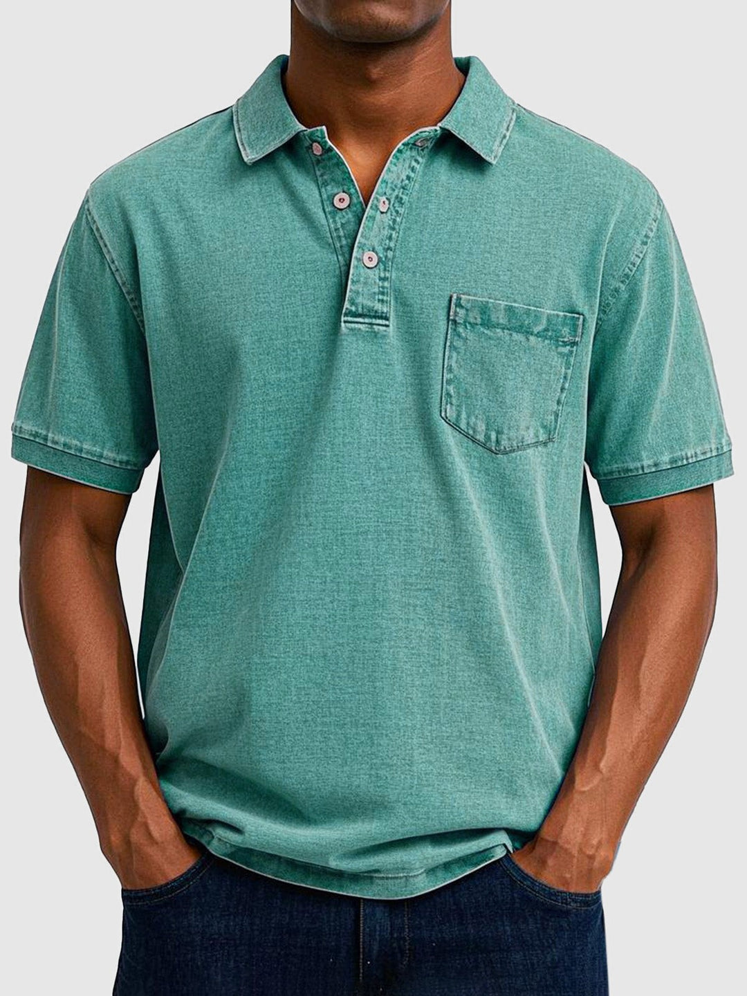 Sage green cotton-denim polo with button placket and patch pocket