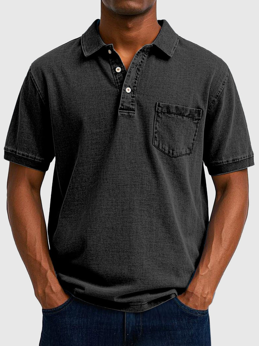 Charcoal black cotton-denim polo with contrast buttons and pocket detail