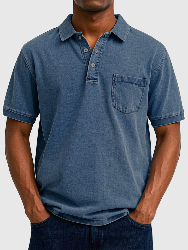 Steel blue denim-style polo shirt with classic collar and short sleeves