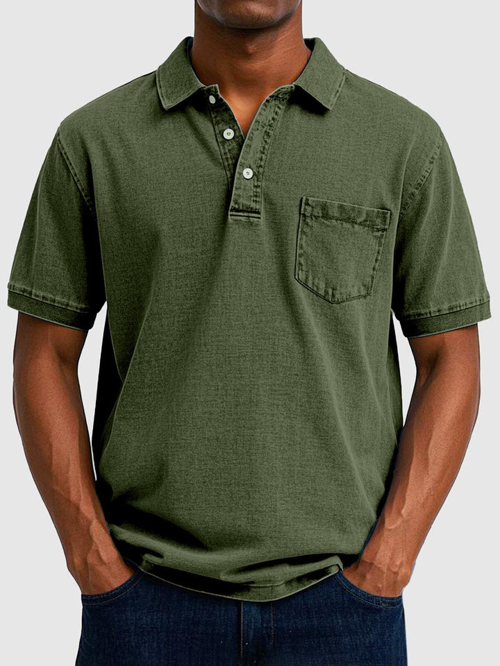 Olive green washed polo shirt with buttoned placket and patch pocket