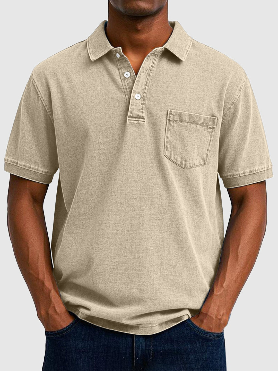 Beige cotton-denim polo shirt with short sleeves and chest pocket detail