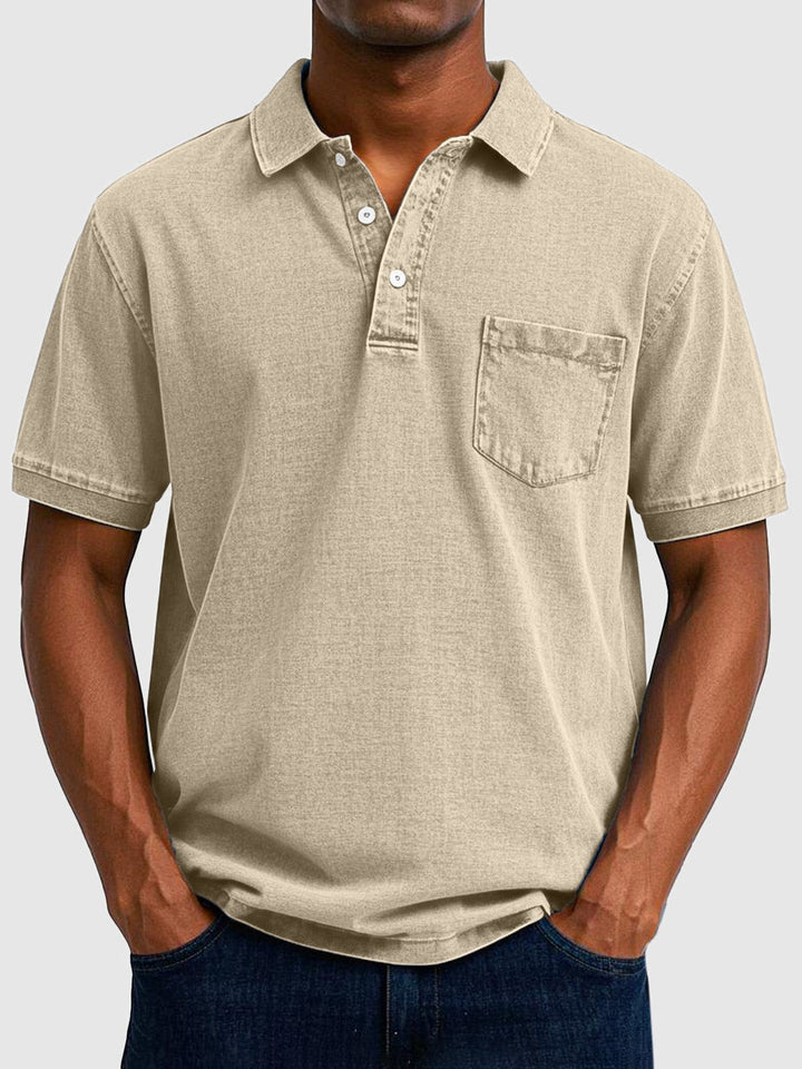 Beige cotton-denim polo shirt with short sleeves and chest pocket detail
