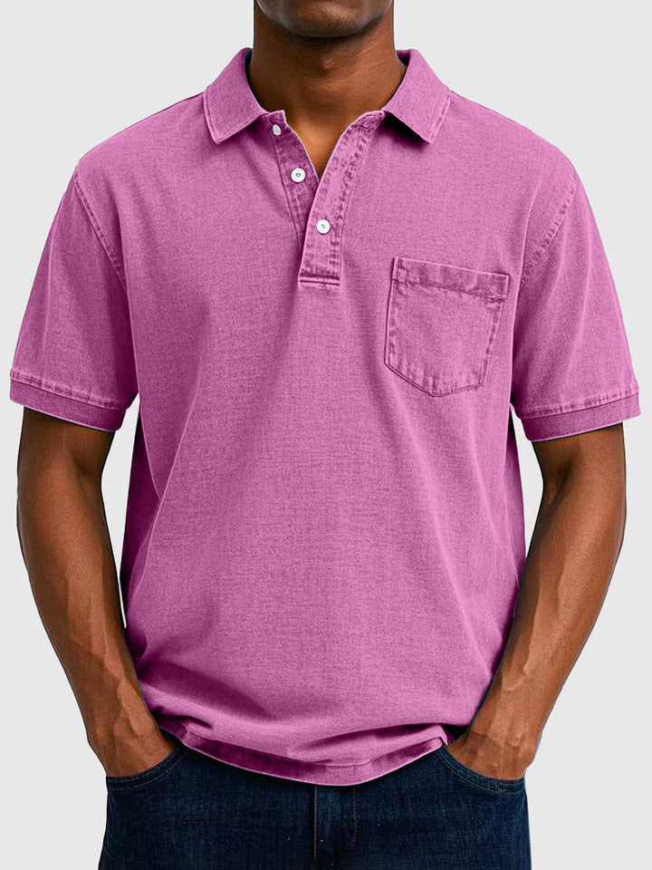 Magenta pink washed denim polo with buttoned collar and patch pocket