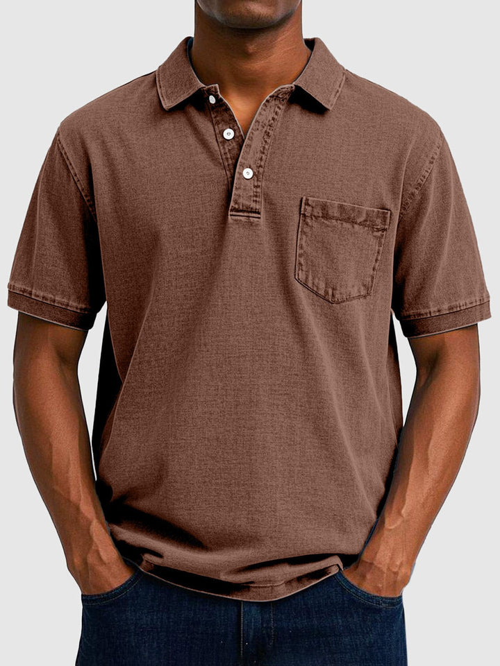 Chocolate brown cotton-denim polo shirt with short sleeves and pocket