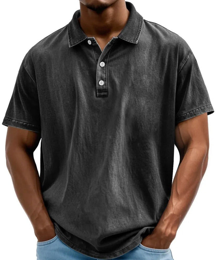 Men's washed black polo shirt with button placket and short sleeves