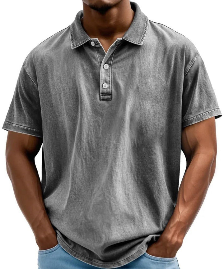 Grey washed cotton polo shirt with classic collar for men