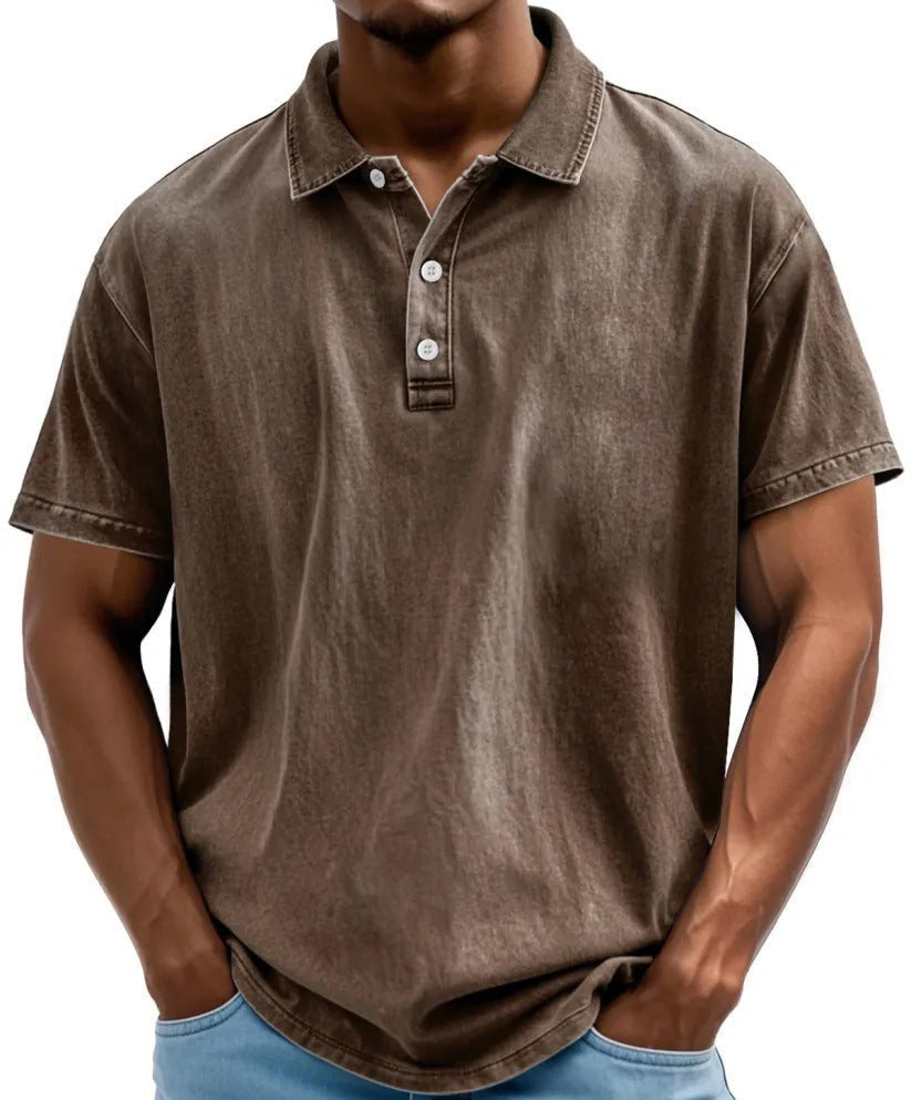 Vintage brown acid-wash polo shirt with three-button placket
