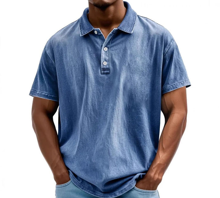 Faded denim-blue washed polo shirt with short sleeves